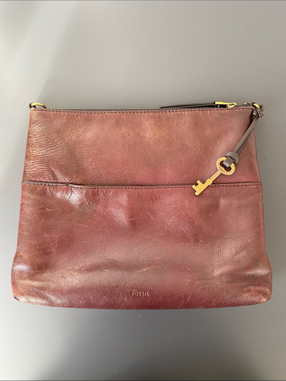 Fossil Leather Clutch with Logo Key Charm Distressed Brown-Burgundy Boho Chic